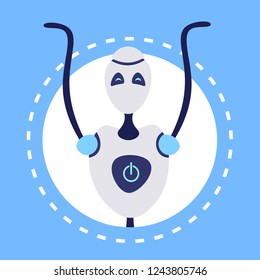 modern robot avatar raising hands up bot helper artificial intelligence concept cartoon character portrait round frame flat