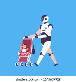 Modern robot babysitter walking stroller helper bot artificial intelligence technology concept blue background flat vector illustration