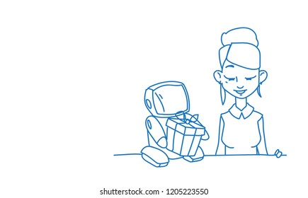 Modern robot brings woman present gift box futuristic artificial intelligence concept future technology sketch doodle horizontal portrait vector illustration