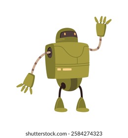 Modern robot character with eyes and legs, waving hand. Vector isolated friendly humanoid or cyborg with AI. Artificial intelligence or chatbot assisting with issues. Smart technologies development