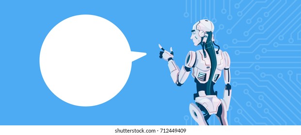 Modern Robot With Chat Bubble, Futuristic Artificial Intelligence Mechanism Technology Flat Vector Illustration