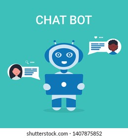 Modern robot ChatBot with tablet artificial intelligence. Concept flat vector illustration.