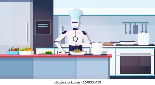 modern robot chef cooking dish robotic cook preparing food artificial intelligence technology culinary concept modern kitchen interior horizontal portrait vector illustration