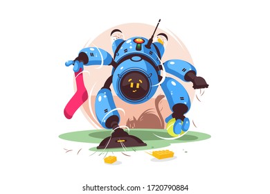 Modern robot cleaner vector illustration. Bot vacuuming floor and cleaning room flat style design. New robotic technologies concept. Isolated on white background