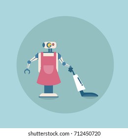 Modern Robot Cleaning With Vacuum Cleaner Icon, Futuristic Artificial Intelligence Mechanism Housekeeping Technology Flat Vector Illustration