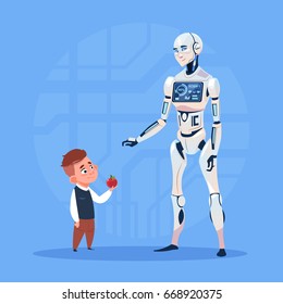 Robot moderno Comunicándose Con Niño Pequeño Futurista Tecnología De Inteligencia Artificial Concepto Ilustración Vector Plano