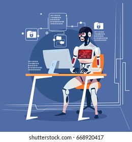 Modern Robot Computer Hacker Attack Futuristic Artificial Intelligence Technology Concept Flat Vector Illustration