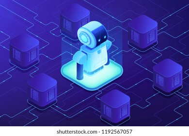 Modern robot connected to network. Cloud robotics and networking, robot monitoring and internet, robotics system and technology concept. Ultraviolet neon vector isometric 3D illustration.