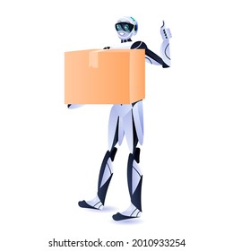 modern robot courier robotic deliver holding cardboard box delivery service artificial intelligence concept