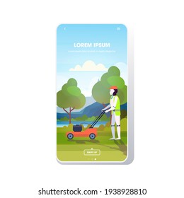 modern robot cutting grass with lawn mower robotic gardener artificial intelligence technology gardening concept urban park landscape background smartphone screen mobile app full length copy space