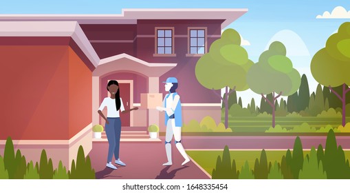 modern robot delivering cardboard parcel box to woman recipient artificial intelligence technology delivery service concept horizontal full length vector illustration
