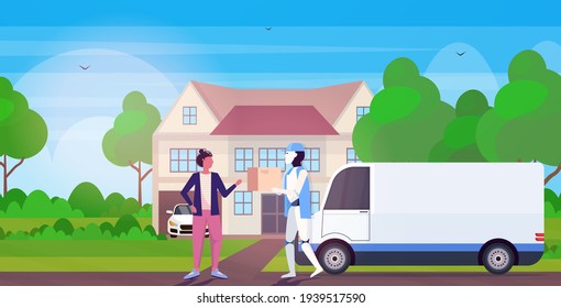 modern robot delivering cardboard parcel box to woman recipient artificial intelligence technology delivery service concept countryside background horizontal full length