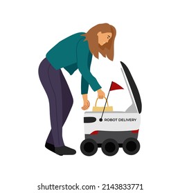 Modern robot delivery. A girl gets out goods of the fast self delivery robot . Technological shipment innovation concept isolated vector illustration.