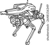 Modern robot drone on four foot with sensors for all terrain and cannon on his back, hand drawn outline illustration graphic. Autonomous robotic machine symbol. Army droid equipped with big gun logo.