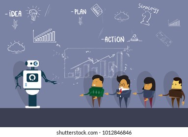 Modern Robot Explaining New Strategy To Group Of Asian Business People During Brainstorming Meeting Flat Vector Illustration