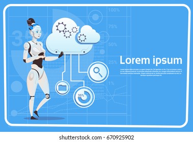 Modern Robot Female Cloud Computing Database Concept Futuristic Artificial Intelligence Technology Flat Vector Illustration