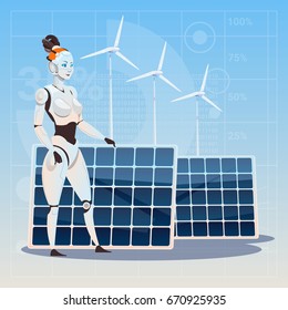 Modern Robot Female Over Wind Turbine And Solar Panels Renewable Energy Artificial Intelligence Technology Concept Flat Vector Illustration