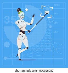 Modern Robot Female Taking Selfie Photo Futuristic Artificial Intelligence Technology Concept Flat Vector Illustration