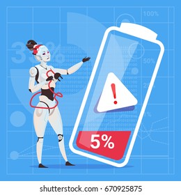Modern Robot Female Tired With Low Battery Charge Futuristic Artificial Intelligence Technology Concept Flat Vector Illustration
