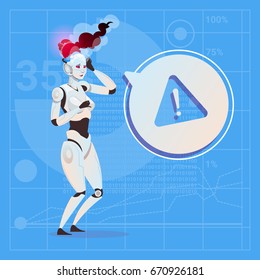 Modern Robot Female Warning Message Error Futuristic Artificial Intelligence Technology Concept Flat Vector Illustration