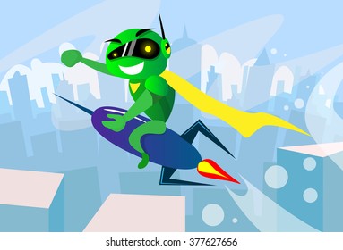 Modern Robot Fly On Rocket Start Up Concept Flat Vector Illustration