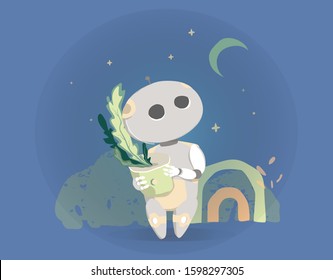 Modern Robot with garden plan Isolated On Blue Night Background Cute Cartoon Character Artificial Intelligence Concept Flat Vector Illustration