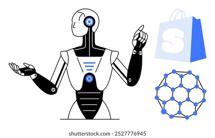 Robô moderno com engrenagens que parece pensar, acompanhado de uma sacola de compras e um diagrama de rede. Ideal para tecnologia, inteligência artificial, comércio eletrônico, redes e temas de inovação