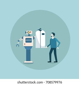 Modern Robot Giving Clothes To Man Futuristic Artificial Intelligence Mechanism Housekeeping Technology Flat Vector Illustration