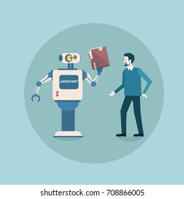 Modern Robot Giving Documents To Business Man Futuristic Artificial Intelligence Mechanism Technology Flat Vector Illustration