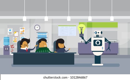 Modern Robot Giving Light Bulb To Group Of Asian Business People Sitting At Office Desk Brainstorming New Ideas Flat Vector Illustration