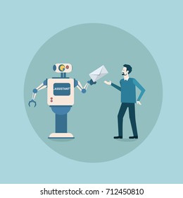 Robot Moderno Que Da Sobre De Correo A Icono De Hombre, Mecanismo De Inteligencia Artificial Futurista Tecnología De Mantenimiento De Hogares Ilustración Vector Plano