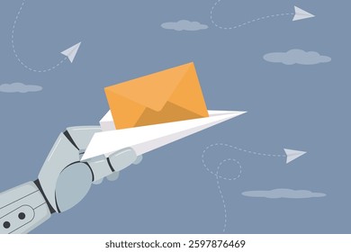 Modern robot hand sending or receiving letters. Email messages, notifications. Artificial intelligence technology. Chat bot arm sending paper plane with yellow envelope, spam. flat vector illustration