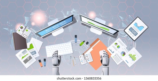 modern robot hands at workplace humanoid analyzing financial graphs diagrams business analytics report artificial intelligence concept top angle desktop view horizontal