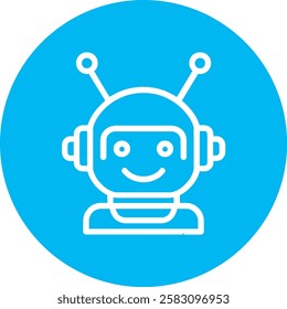 A modern Robot Head icon with a clean white outline on a light Cambridge blue background. Minimalist and futuristic, symbolizing AI, robotics, and innovation, representing smart technology and automat