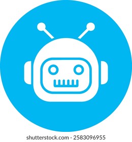 A modern Robot Head icon with a clean white outline on a light Cambridge blue background. Minimalist and futuristic, symbolizing AI, robotics, and innovation, representing smart technology and automat