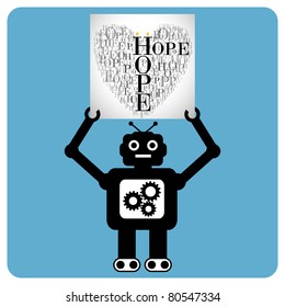 Modern robot with a hearts made of words "HOPE"