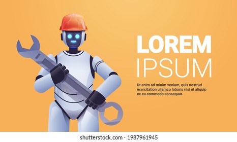 modern robot in helmet holding wrench repair service artificial intelligence concept horizontal