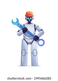 modern robot in helmet holding wrench repair service artificial intelligence concept