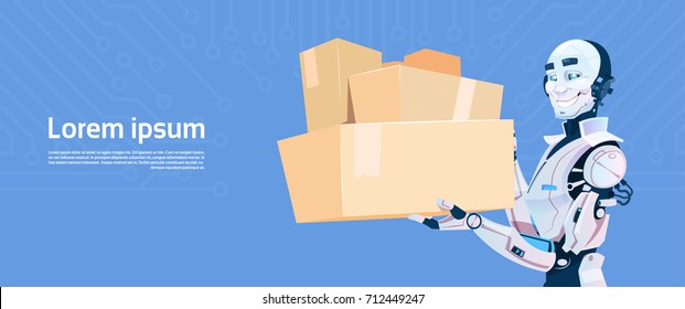 Modern Robot Hold Boxed Delivery Courier Futuristic Artificial Intelligence Mechanism Technology Flat Vector Illustration