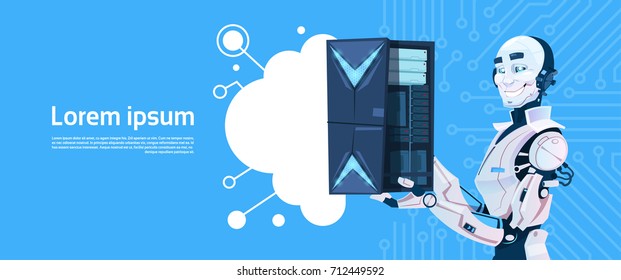 Modern Robot Hold Cloud Database Server, Futuristic Artificial Intelligence Mechanism Technology Flat Vector Illustration