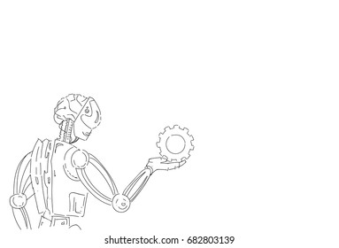 Modern Robot Hold Cog Wheel Artificial Intelligence Technology Skecth Vector Illustration