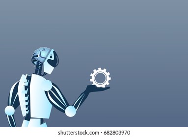 Modern Robot Hold Cog Wheel Artificial Intelligence Technology Flat Vector Illustration