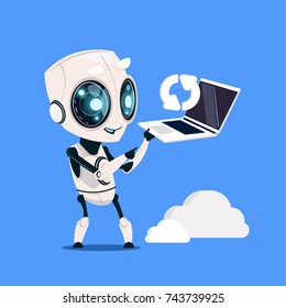 Modern Robot Hold Laptop Computer Updating On Blue Background Cute Cartoon Character Artificial Intelligence Concept Flat Vector Illustration