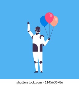 Modern robot holding balloons celebrating event helper bot artificial intelligence technology concept blue background flat vector illustration