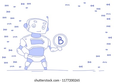 modern robot holding bitcoin virtual money wealth growth artificial intelligence concept bot helper mining crypto currency isolated white background horizontal sketch doodle vector illustration