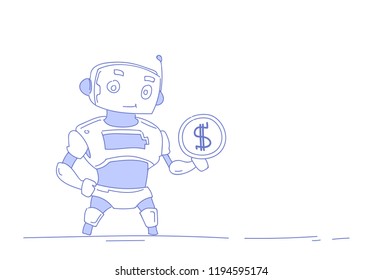 modern robot holding dollar coin money wealth growth artificial intelligence concept isolated white background horizontal sketch doodle vector illustration