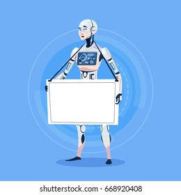 Robot moderno con banner vacío Tecnología de inteligencia artificial Futurista Concepto Ilustración de vectores planos