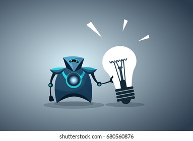 Robot moderno portando bombilla de luz Innovación Nueva Idea Inteligencia Artificial Concepto Vector Ilustración