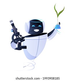 modern robot holding microscope and test tube with genetically modified plant scientific research