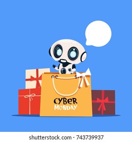 Modern Robot Holding Shopping Bag With Cyber Monday Text Online Holiday Modern Technology Sale Banner Design Flat Vector Illustration